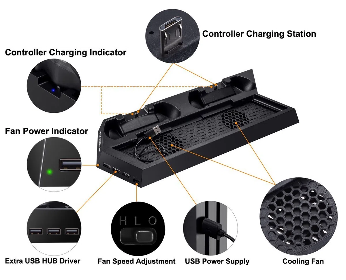 KingTop Supporto Verticale con Ventola di Raffreddamento, Stazione di Ricarica USB All-in-One per Doppia Controller PS4 con Indicatore LED