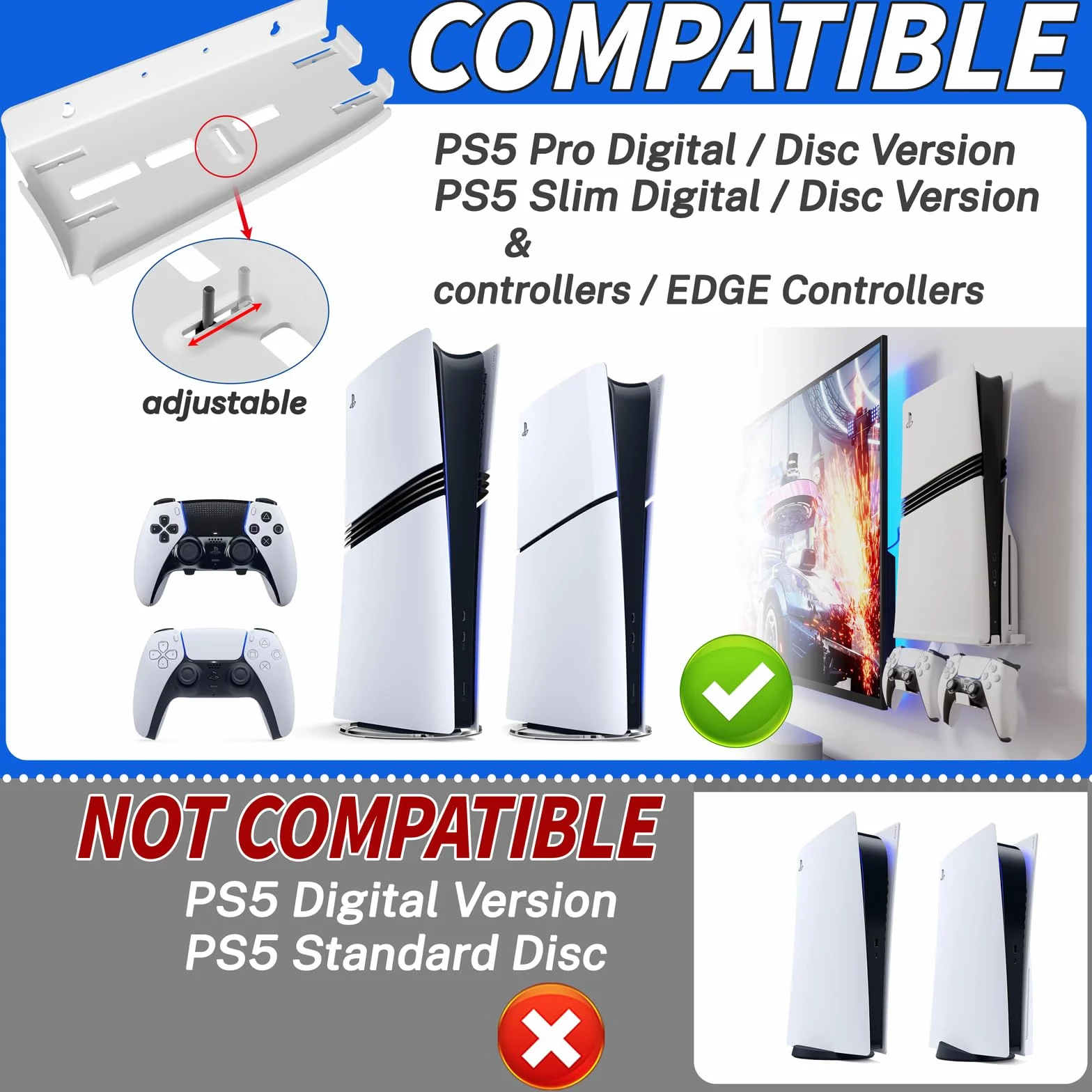 sciuU Supporto da Parete per PS5 Pro / PS5 Slim Console & Controller - Staffa da Muro in Acciaio da 2mm compatibile con PlayStation 5 Pro/Slim Disco/Digitale Edizione + 2 Porta Controller PS5 /Edge