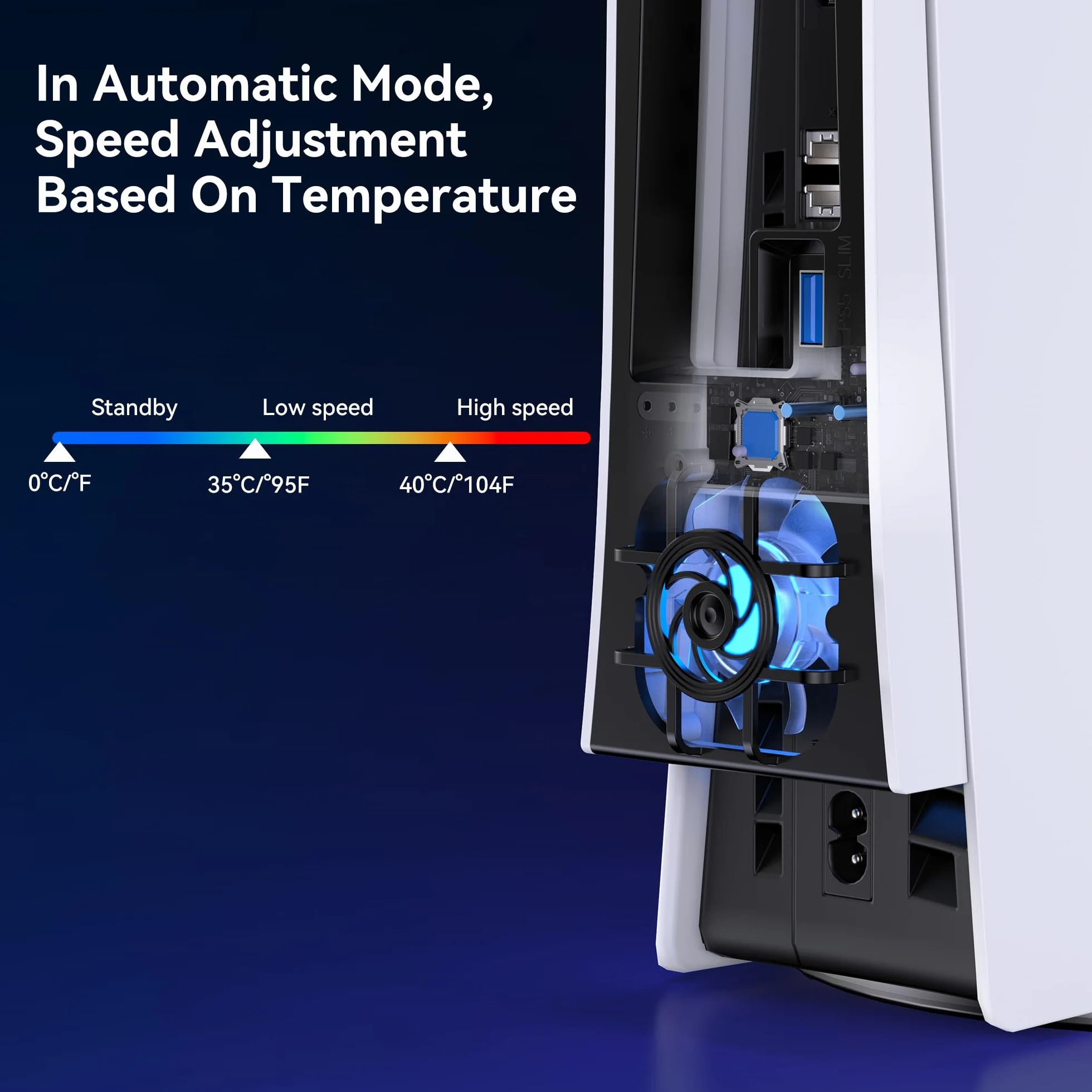 NEWDERY Ventola di raffreddamento per console PS5 Slim, ventola di raffreddamento silenziosa aggiornata, velocità regolabile in temperatura automatica, luce RGB dinamica, porta USB 3.0