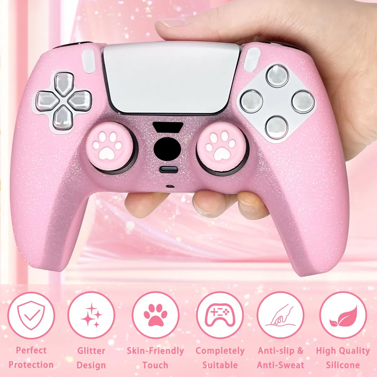 Cover protettiva in silicone antiscivolo rosa glitterata compatibile con controller PS5/Slim/Pro, 8 tappi per pollice glitterati e 2 tappi per impugnature.
