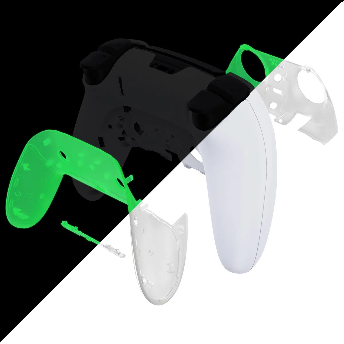 eXtremeRate Guscio decorativo superiore inferiore compatibile con controller p s 5 Edge Controller fai da te Sostituzione anteriore posteriore Clip Shell, Custom Glow in Dark - Copertura piastre verde