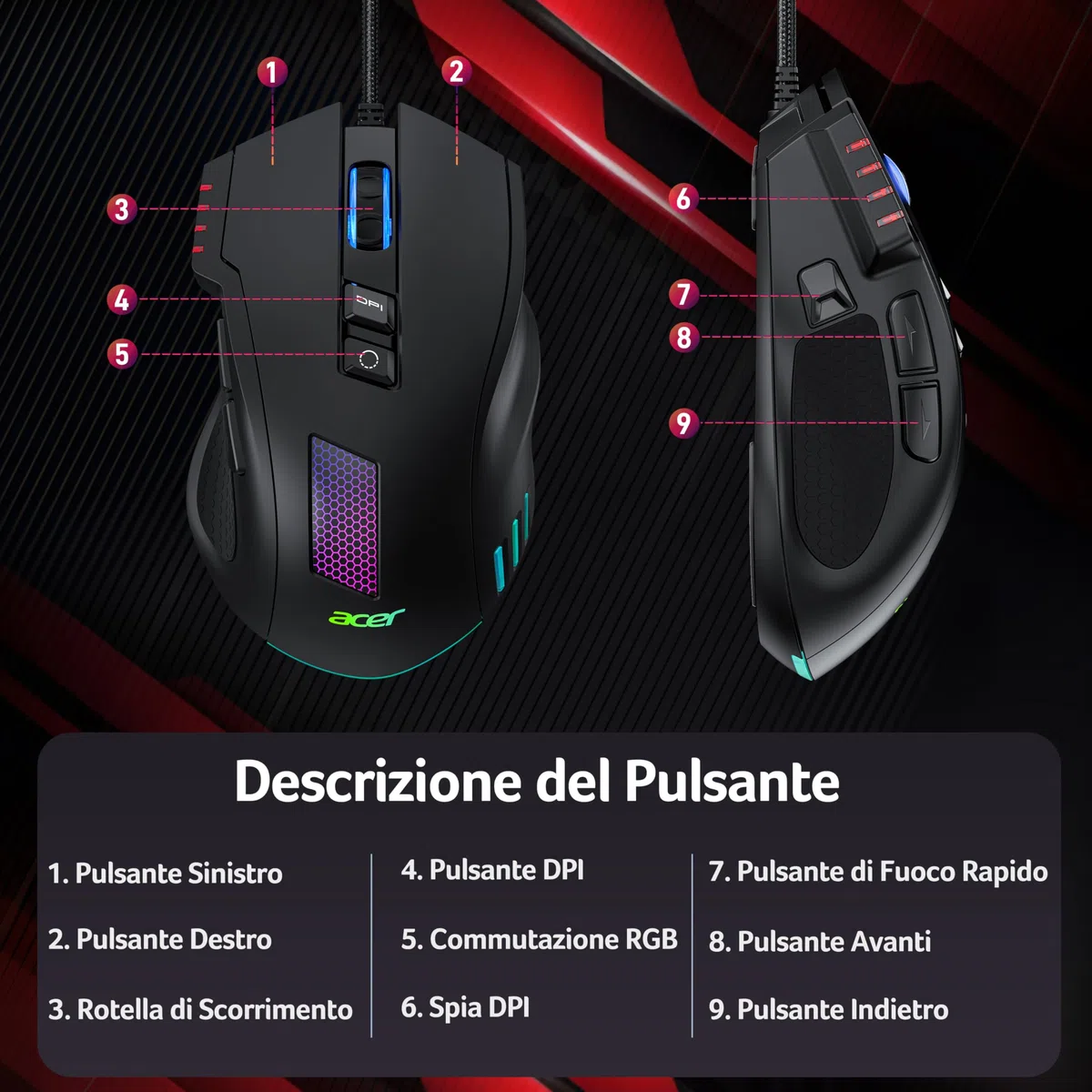 Acer Mouse Gaming Cablato per PC, Sensore da 12800 DPI, 8 Pulsanti Programmabili con Tasti Laterali, Pulsante di Fuoco Programmabile con Macro, RGB Personalizzabile, Mouse da Gioco per MOBA/FPS