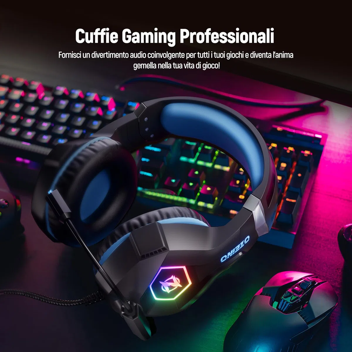 Ozeino Cuffie Gaming per Ps4 Ps5 PC Xboxone, Cuffie con Microfono Cancellazione del Rumore, 3D Surround Sound, Cuffie Comfort con LED RGB