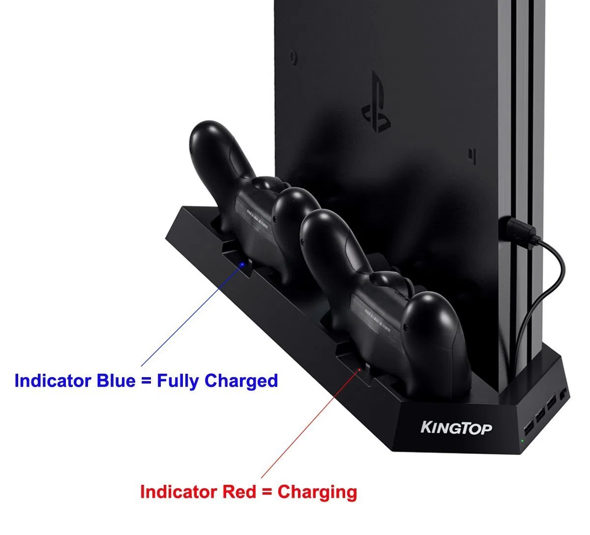 KingTop Supporto Verticale con Ventola di Raffreddamento, Stazione di Ricarica USB All-in-One per Doppia Controller PS4 con Indicatore LED