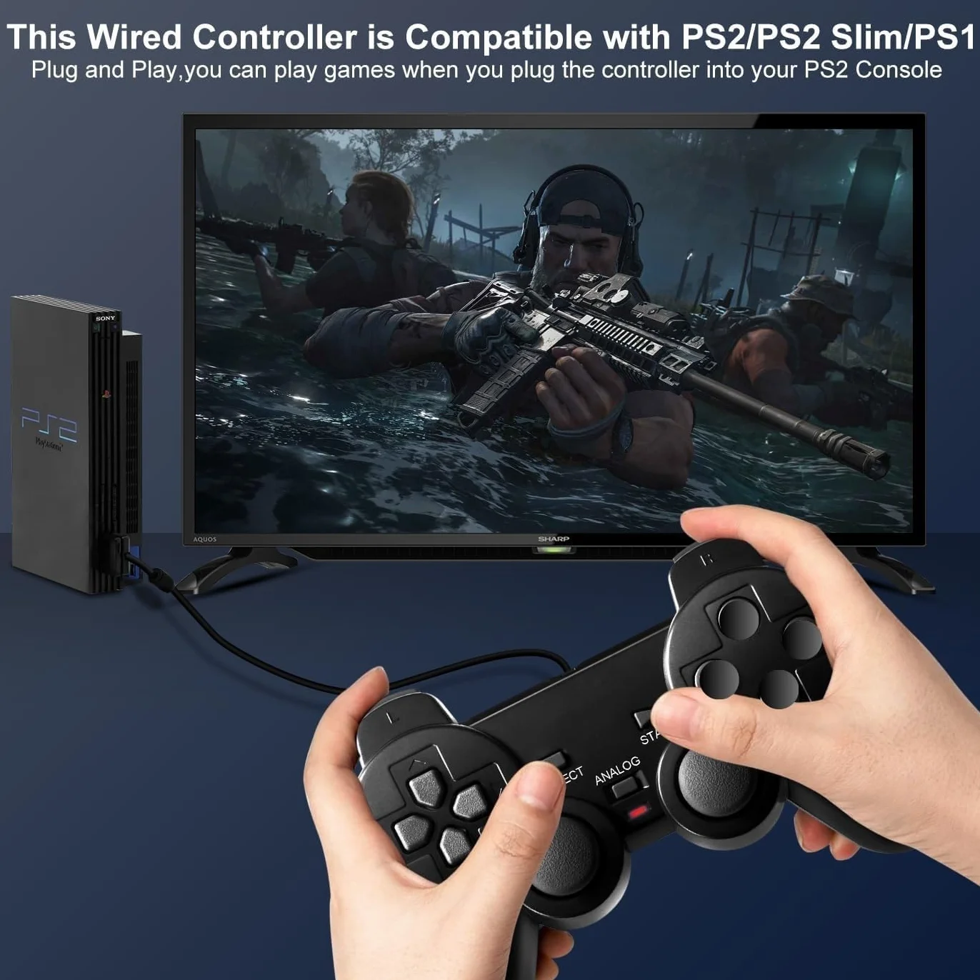 FLLAGG20 | 2X Controller cablato Compatibile con Ps2, PS1, PSX | Nero, 1.8m cavo, | Doppia Vibrazione, Plug and Play, layout ergonomico | Joystick Compatibile con giochi arcade