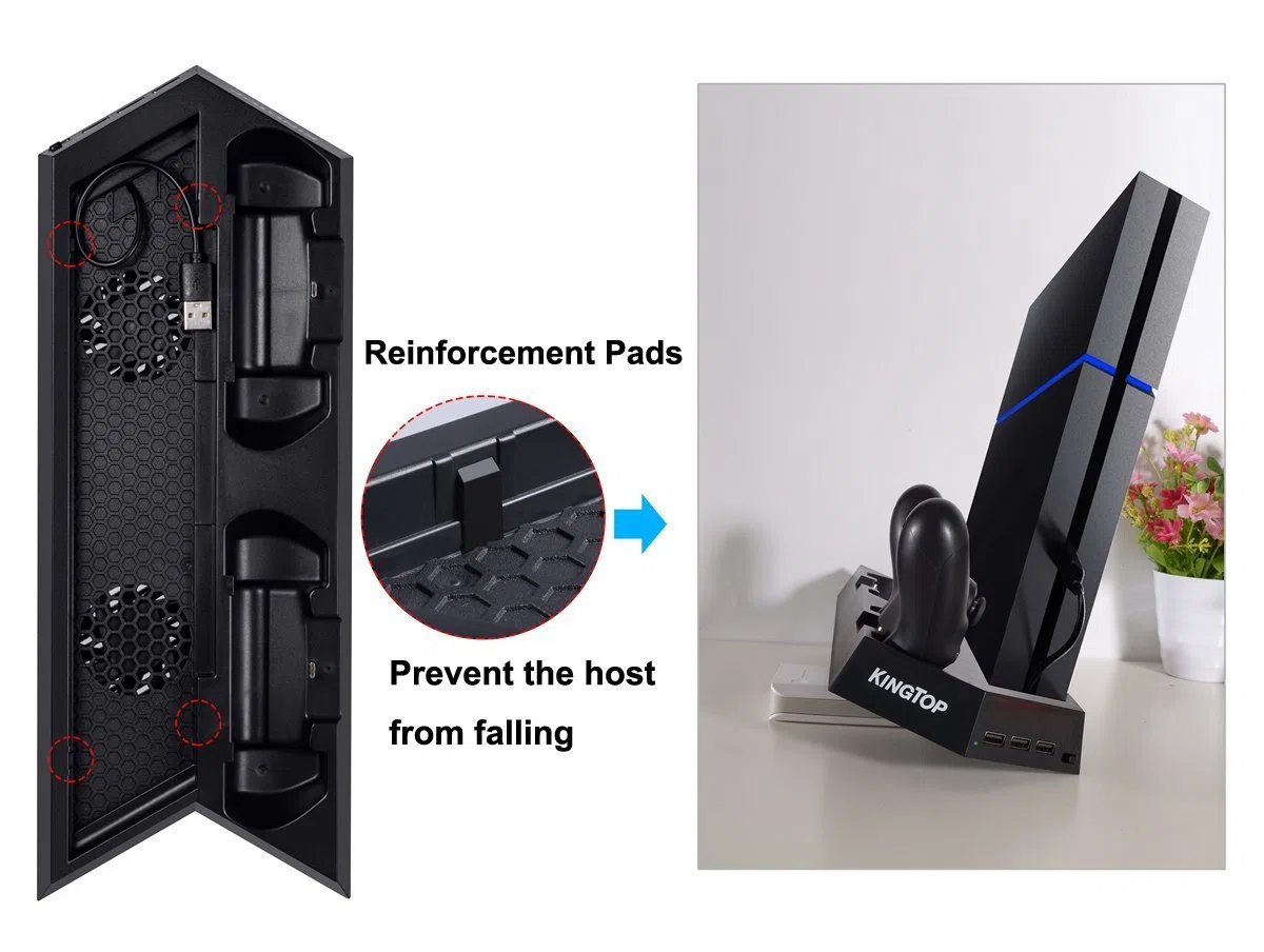 KingTop Supporto Verticale con Ventola di Raffreddamento, Stazione di Ricarica USB All-in-One per Doppia Controller PS4 con Indicatore LED