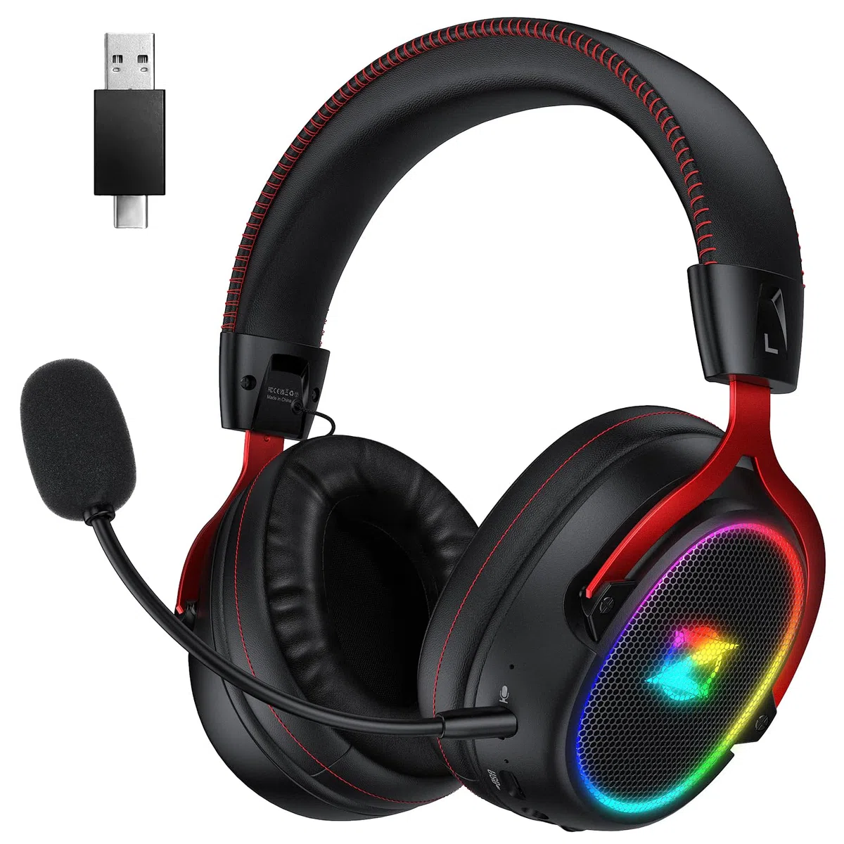 Ozeino Cuffie Gaming Wireless per Ps4/Ps5/PC, Cuffie Wireless con Microfono 2.4GHz + 5.3 Bluetooth Bassa Latenza, Cuffie con 7.1 Stereo Surround Sound, Durata di Oltre 40+ Ore, Nero e Rosso