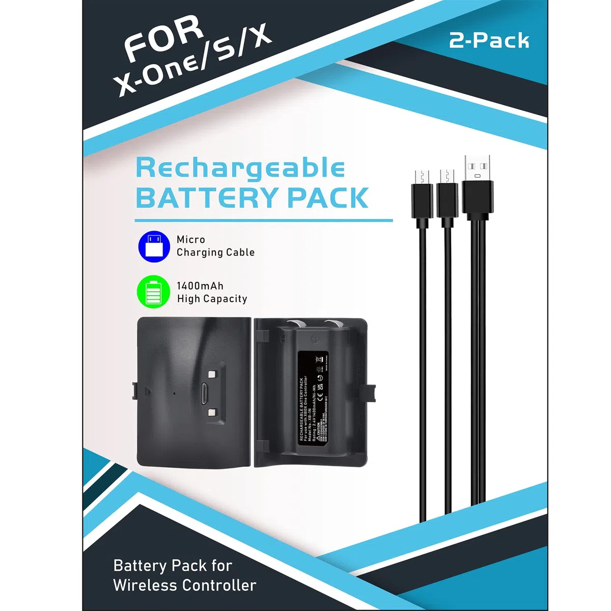 Xbox-One Batteria ricaricabile da 1400 mAh, con cavo di ricarica micro USB, per Xbox-One Controller 2 Pack Batteria