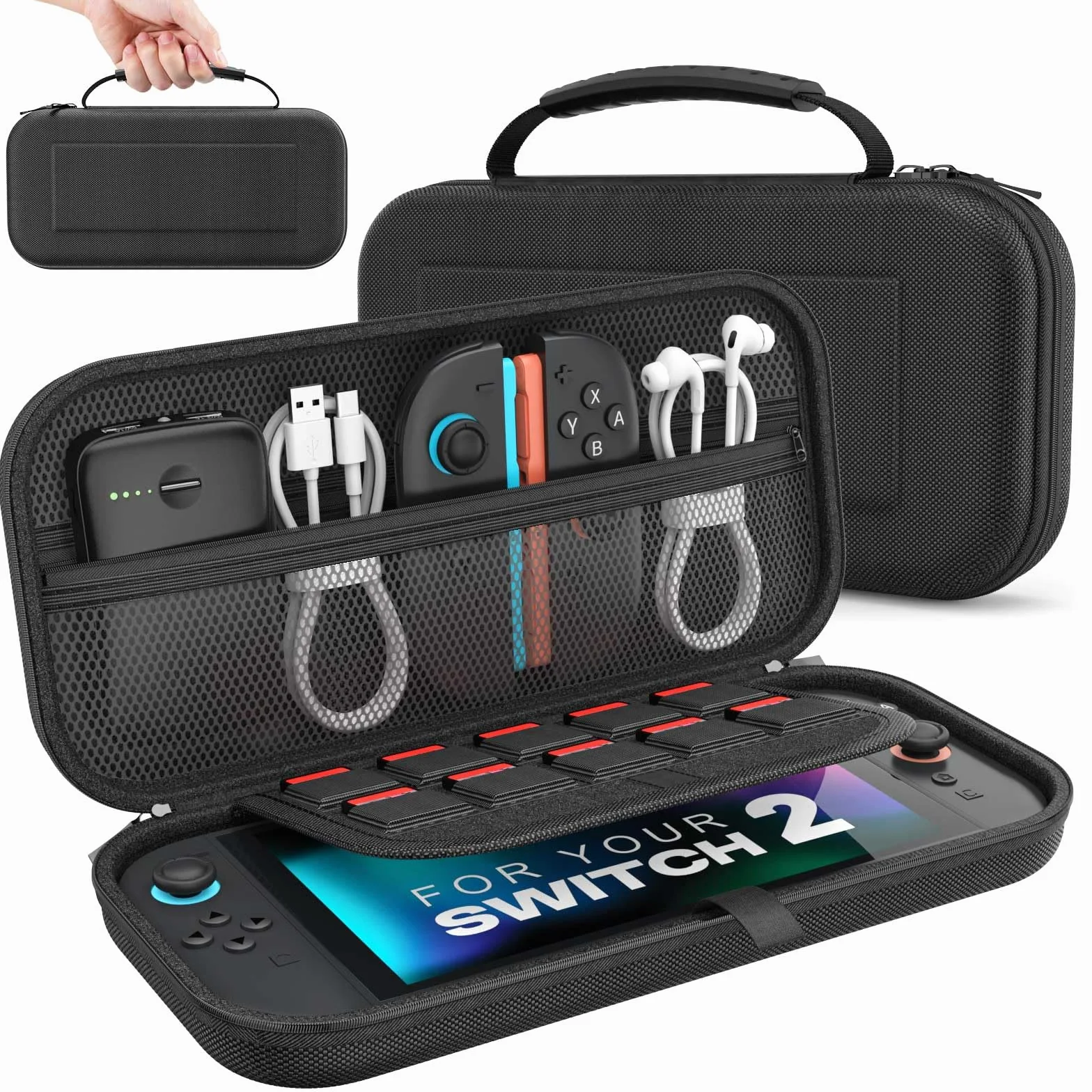 MoKo Custodia per Nintendo Switch 2 2025, Custodia da Viaggio Rigida Protettiva Portatile per Switch 2 Console Accessori, Cover di Grande Capacità con 10 Slot per Cartucce e Tasche, Nero