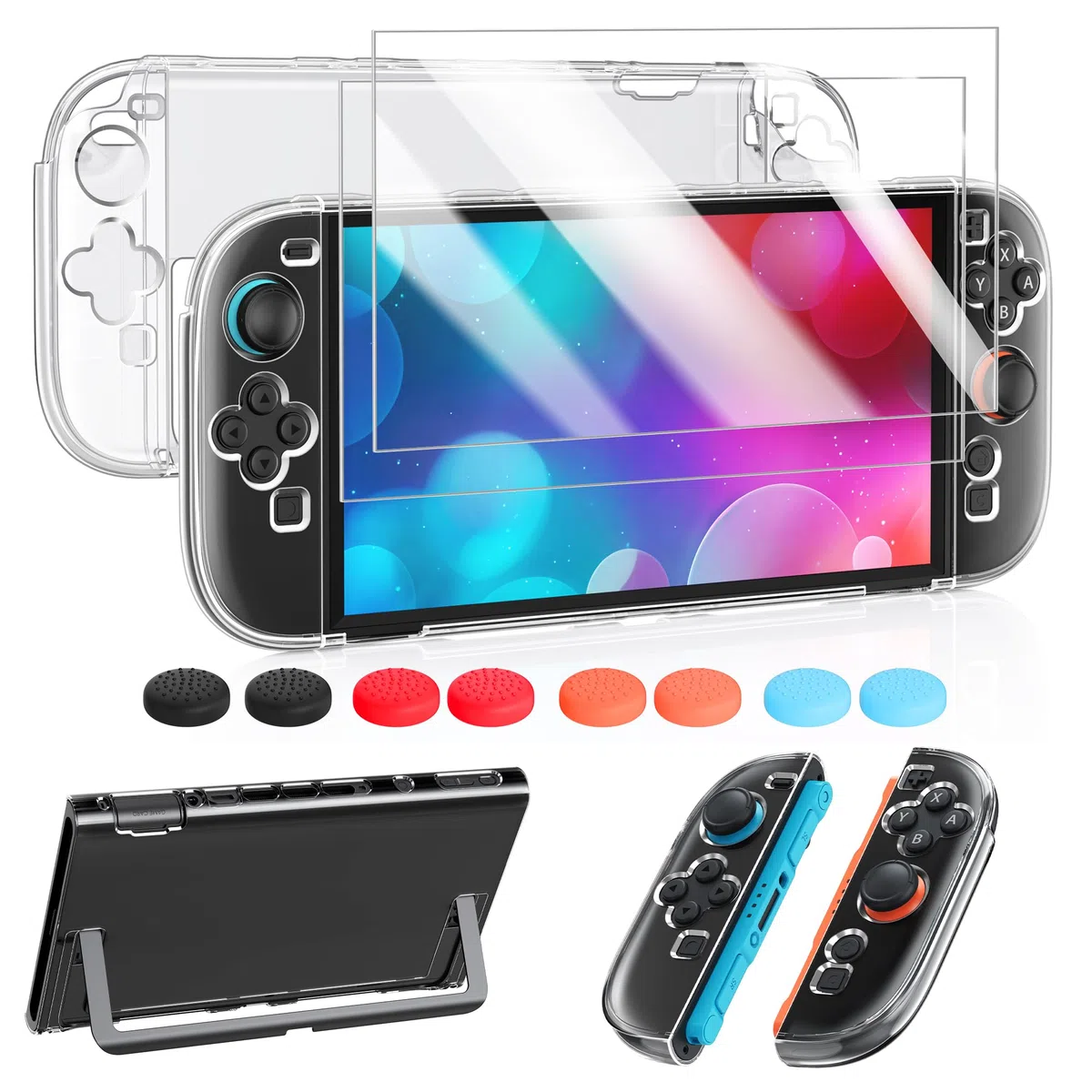 FYOUNG Custodia protettiva e pellicola protettiva per Nintendo Switch 2 (2025), set di accessori 3 in 1 per Switch 2, guscio rigido in policarbonato trasparente, 2 pellicole in vetro, 8 impugnature