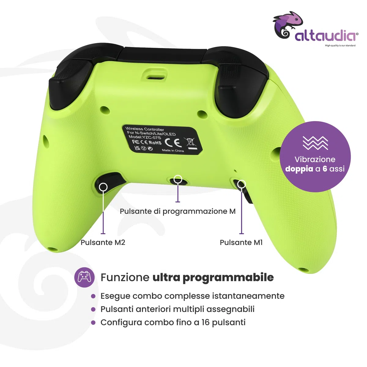 Altaudia Controller Wireless Bluetooth per PC - Compatibile con PC, Switch/Smartphone Android e iOS, Connessione USB, 2 Pulsanti Macro, Doppia Vibrazione, 6 Assi, Luci LED RGB, Colore Verde