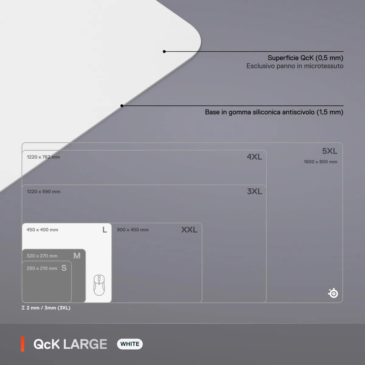 SteelSeries QcK Mousepad Grande - White - Base in gomma siliconica no-slip - Tracking e stabilità top - Ottimizzato per sensori di gioco - 450mm x400mm - FPS, MOBA, RTS, MMO