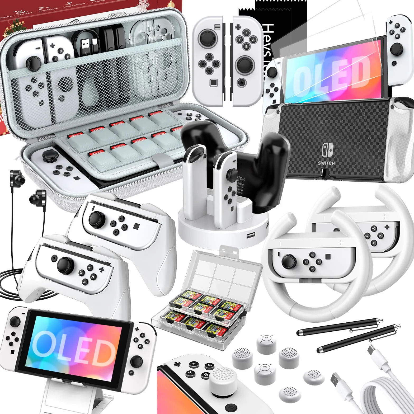 Switch OLED Accessori 27in1 per Nintendo Switch OLED,Custodia Switch OLED Set Regalo di Natale per Nintendo Switch OLED Console con Cover Protettivo Switch OLED,Dock di Ricarica per Grip,Bianco