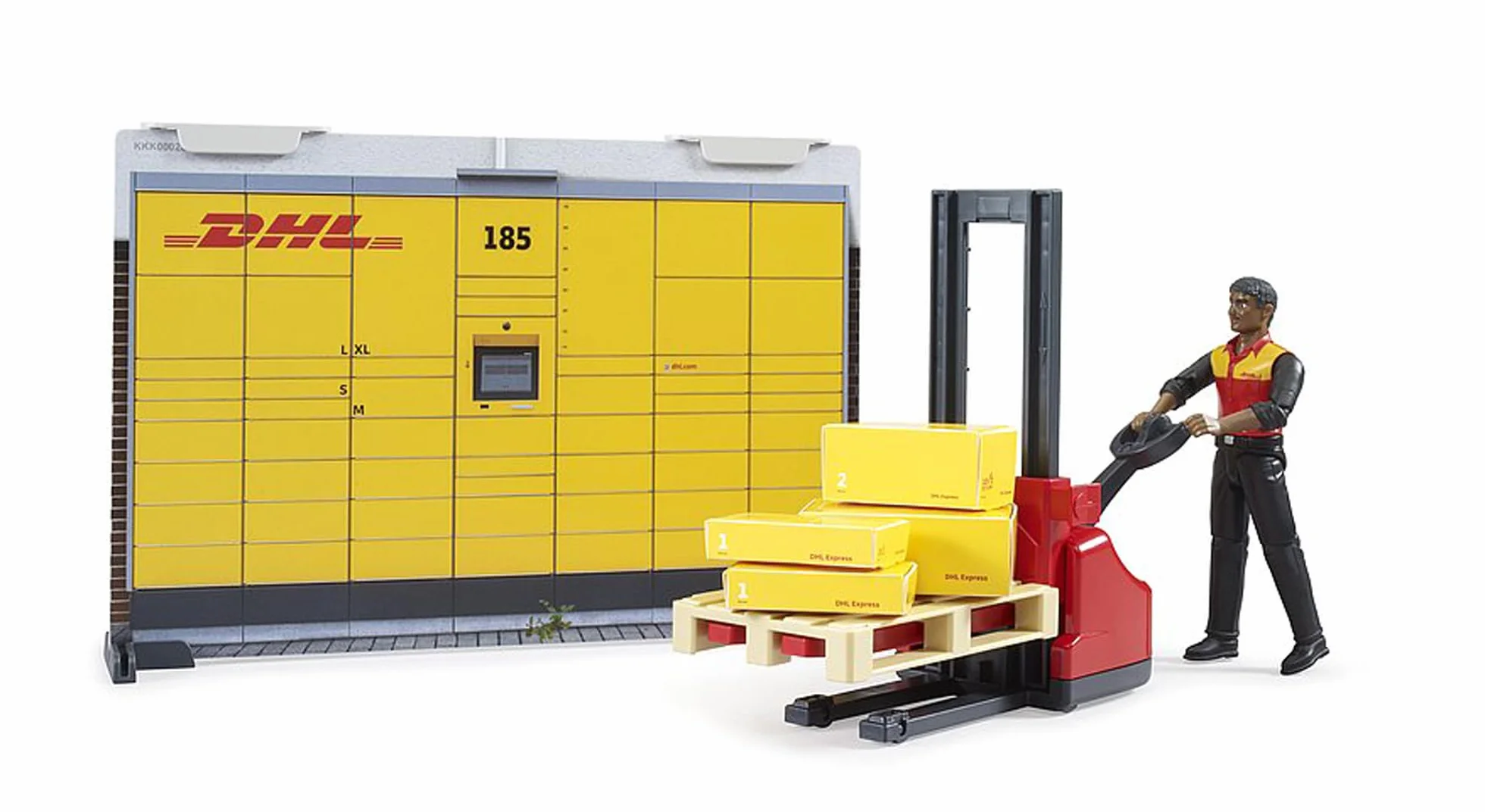 bruder 62251 - bworld Negozio di pacchi DHL con dipendenti DHL, servizio pacchi, logistica, spedizioni