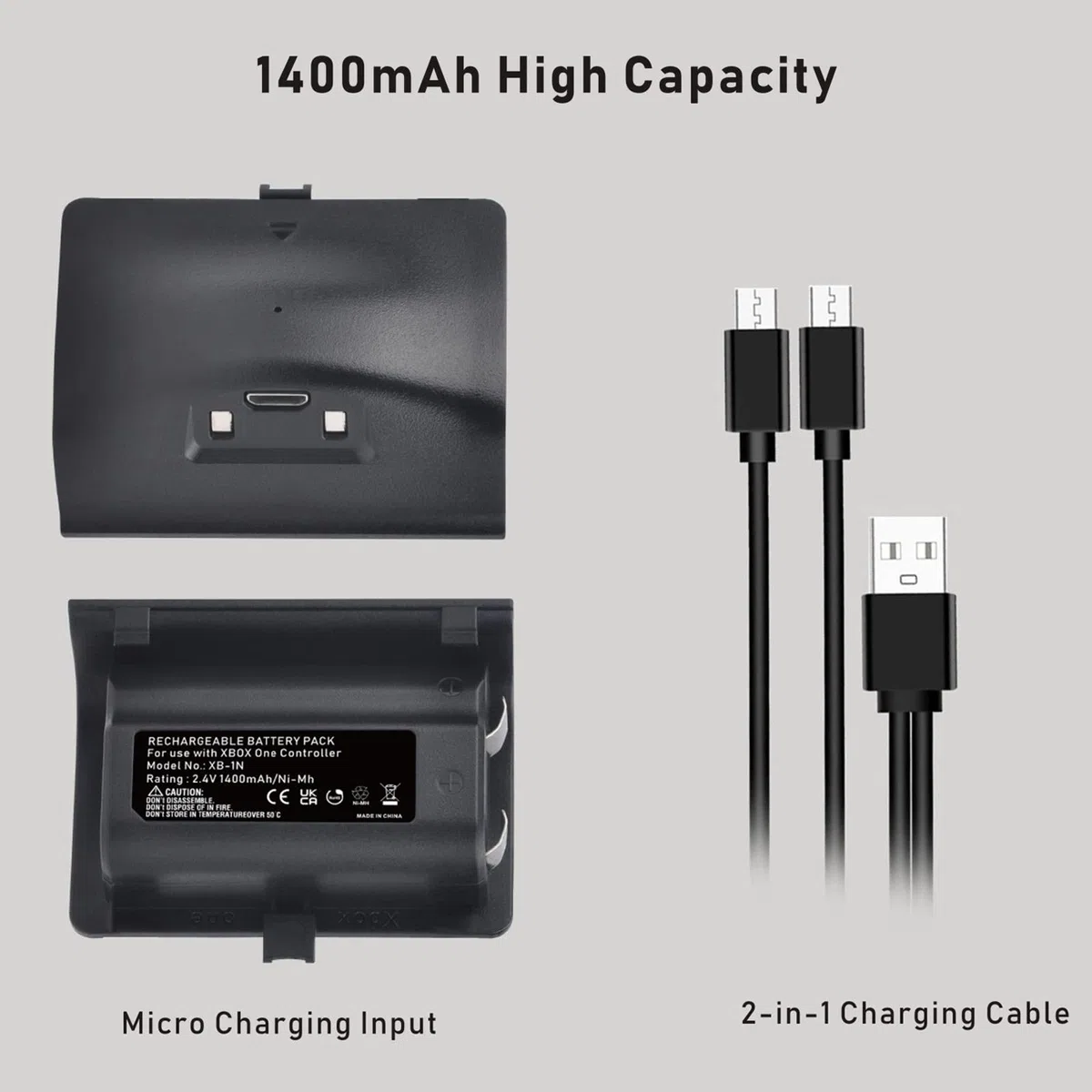 Xbox-One Batteria ricaricabile da 1400 mAh, con cavo di ricarica micro USB, per Xbox-One Controller 2 Pack Batteria