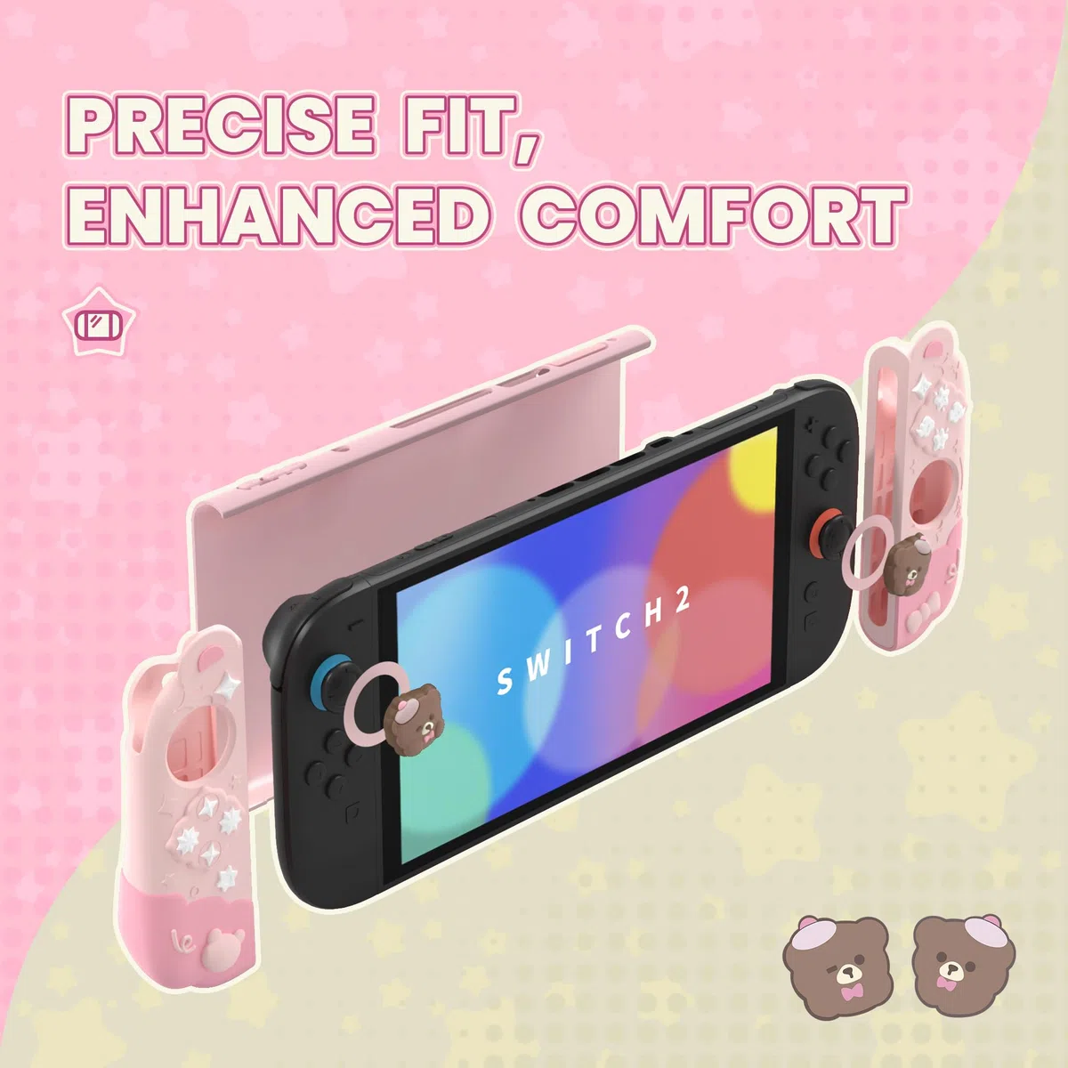 playvital Cover Dockable Rigida per Nintendo Switch 2 Console, Custodia Protettiva Silicone per Joycon 2&Supporto Regolabile Extra&Copri Analogici, Accessori Carini, Buonanotte Orso-Rosa