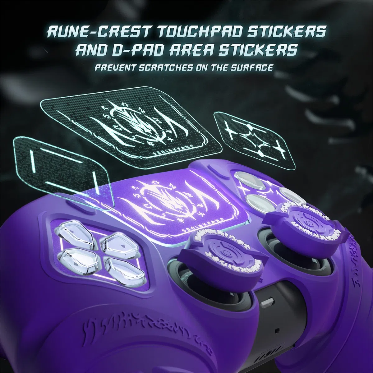 playvital Cover Skin per ps5 Controller,Custodia Protettiva Silicone Antiscivolo per ps5 Joystick&Copri Levette Analogiche&Adesivo Touchpad(Runes)-Compatibile con Base di Ricarica-Viola
