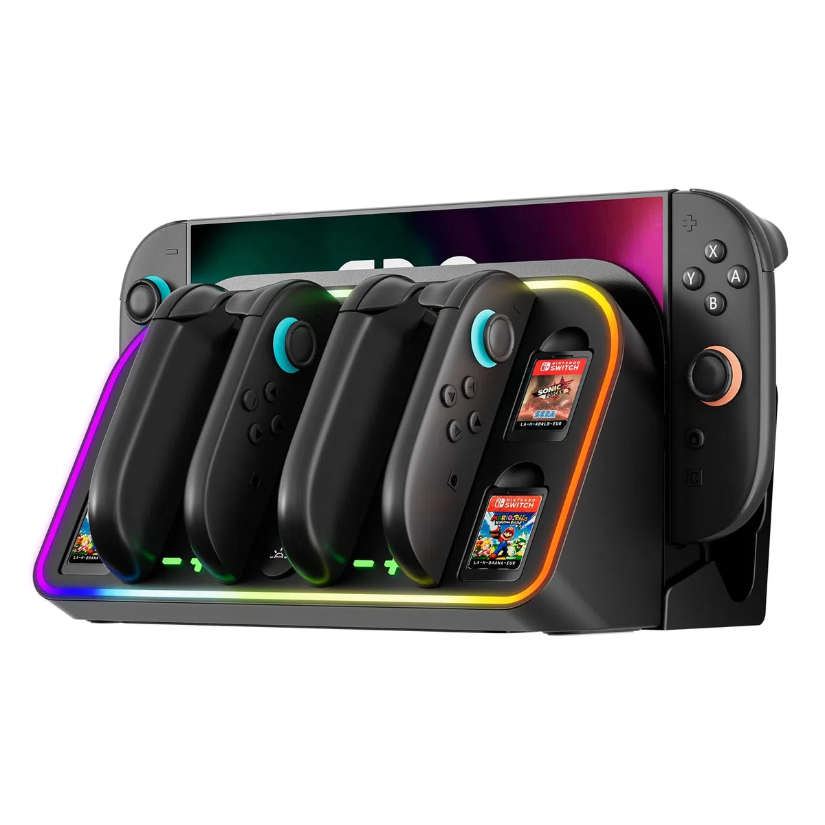 MANKIW Stazione Ricarica Per Nintendo Switch 2, Caricatore 4 In 1 Per 2 Controller Joy-Con Con LED Indicatori & Luci RGB, Dock TV, Ricarica Da Parete