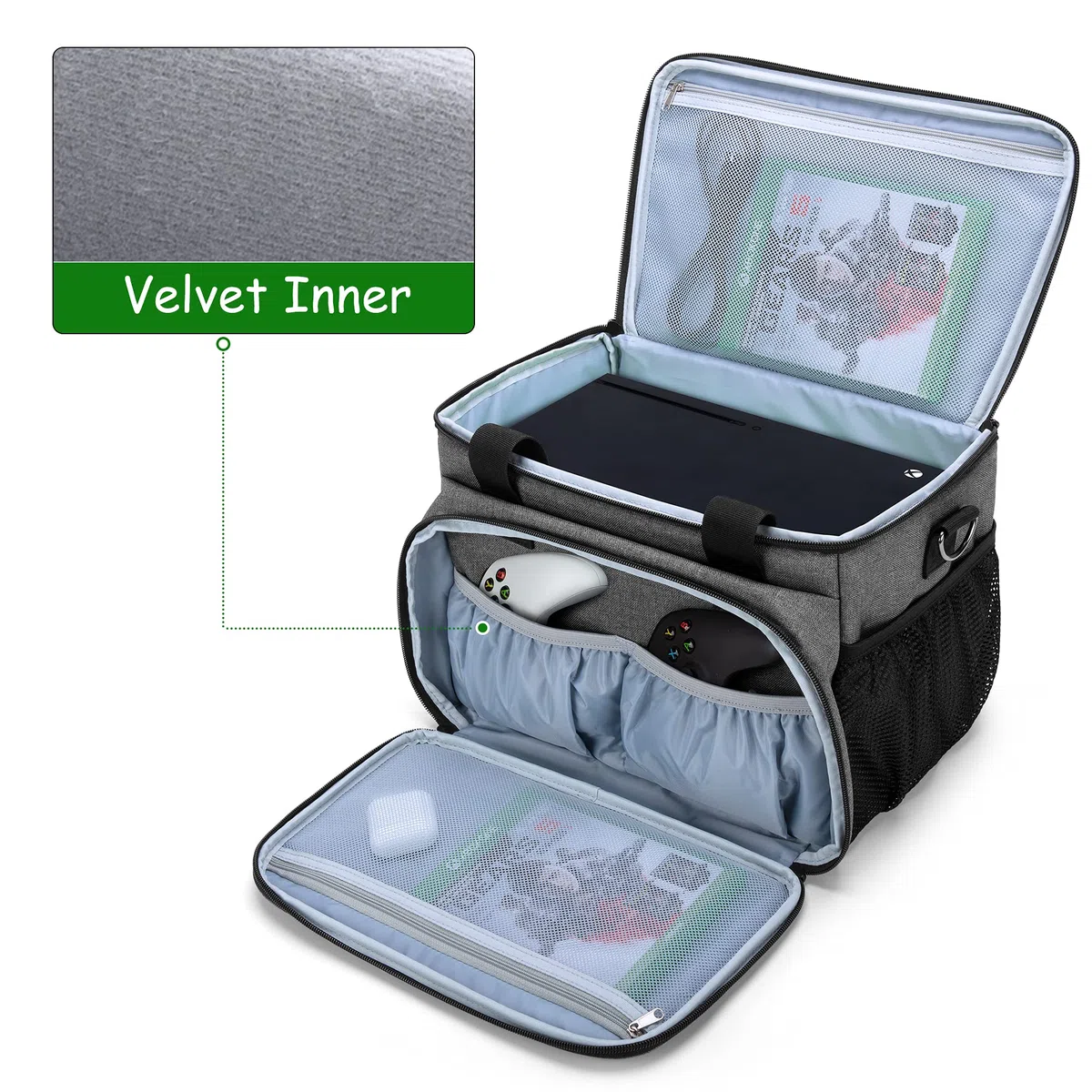 CURMIO Borsa da trasporto compatibile con console di gioco Xbox Series X e accessori, borsa da trasporto portatile con tracolla per controller, cavi, cuffie, solo borsa, Grigio