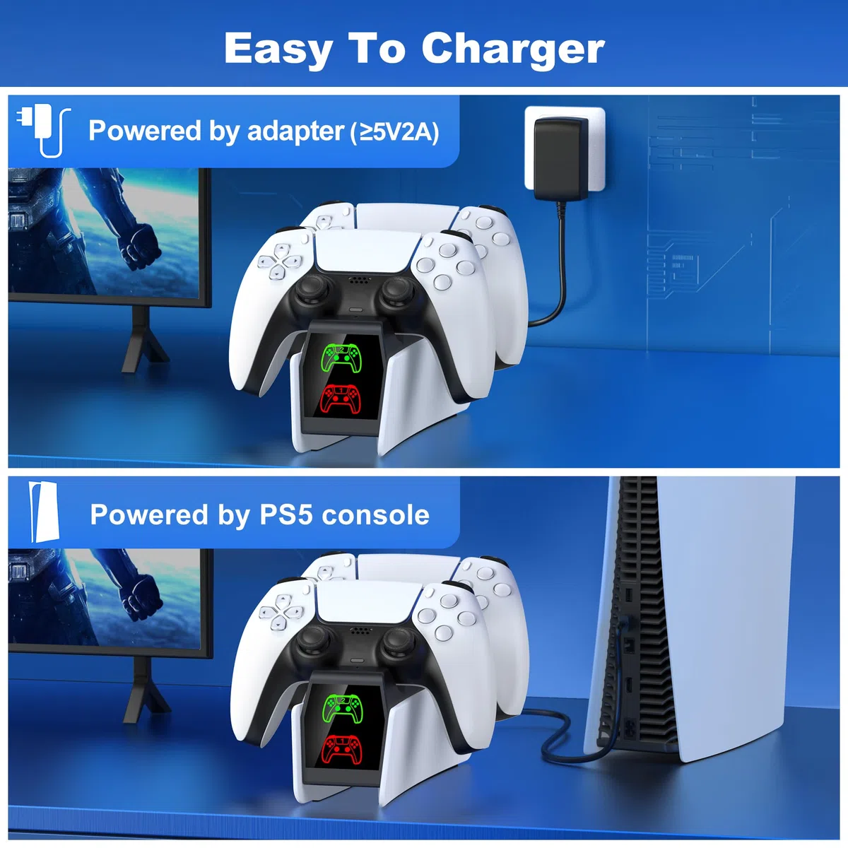 GAMSINGY Base Ricarica PS5, Caricatore Controller PS5 con Ricarica Rapida Di 2 Ore/Luce RGB/Indicatore LED, Caricatore Joystick PS5 per Controller Dualsense Wireless/Edge