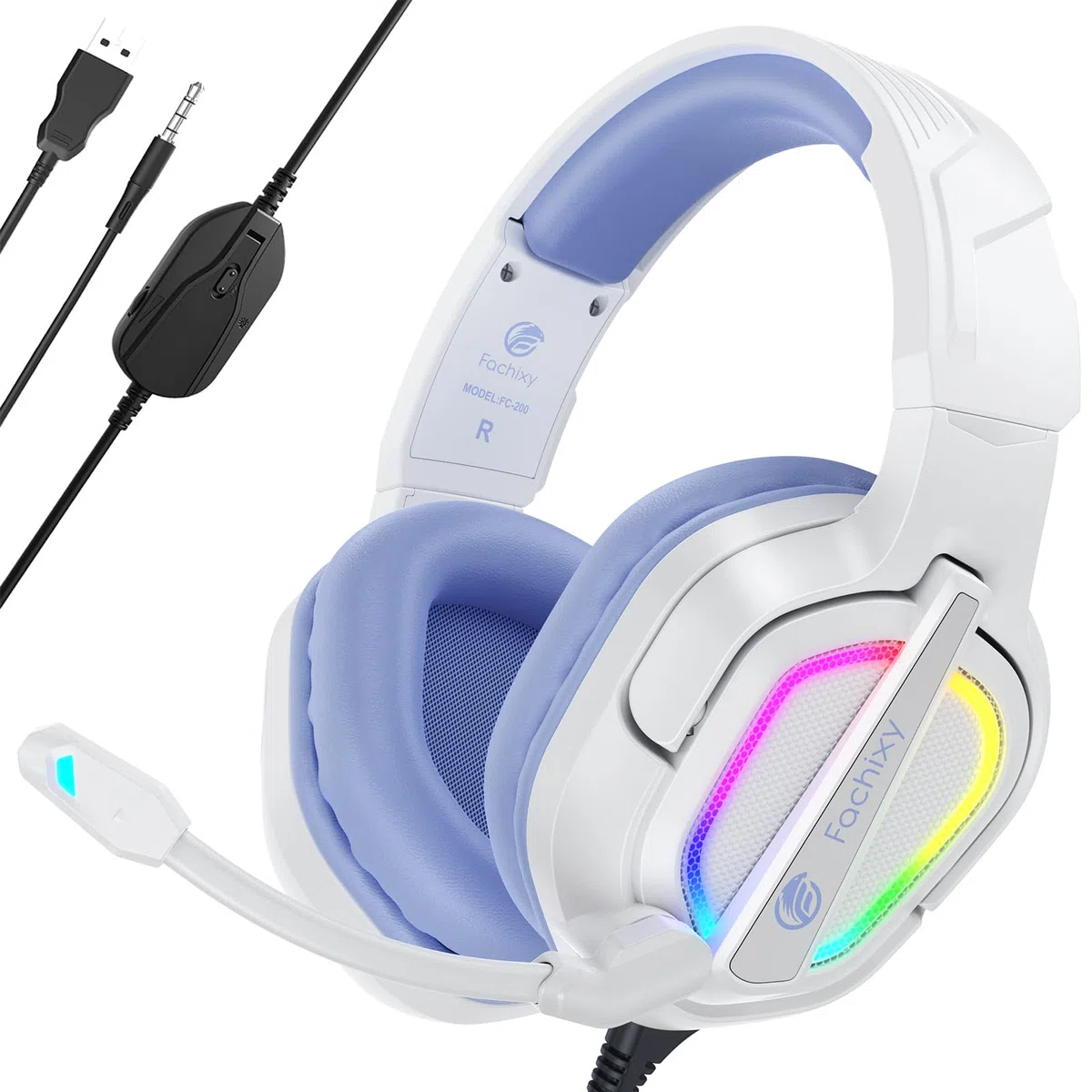 Fachixy FC200 Cuffie Gaming per PS5, PS4, PC, Xbox, Nintendo Switch, con Luce RGB, Microfono, Audio Stereo, con Cancellazione Del Rumore con filo - BIANCO VIOLA