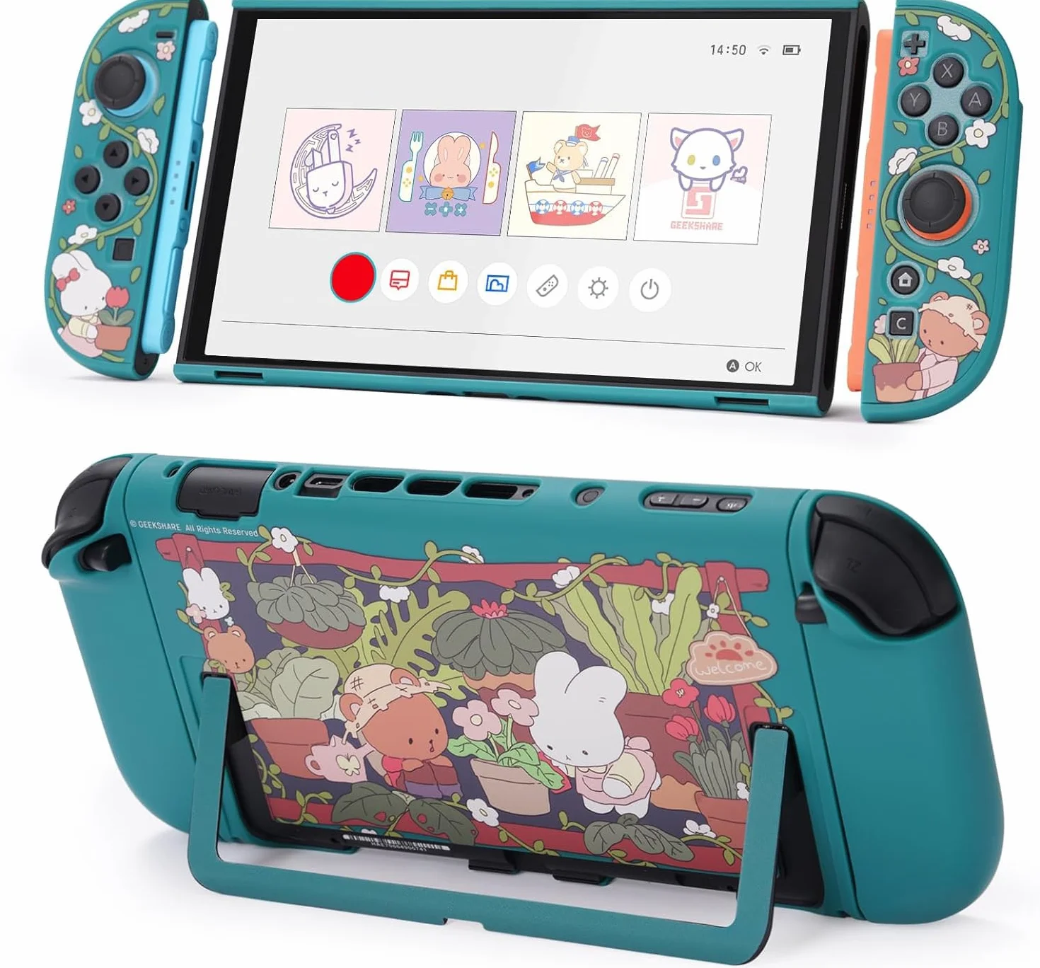 GeekShare Guscio protettivo compatibile con Switch 2, custodia agganciabile Kawaii Cartoon per Switch 2, cover con design antigraffio e antiurto - Bunny Garden