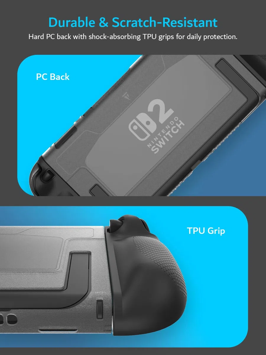 TUDIA Custodia a Scatto Compatibile con Nintendo Switch 2 (2025) [Accesso al Supporto] Cover Sottile e Antigraffio per Impugnatura Ergonomica in TPU Antiurto (Nero, Retro Trasparente)