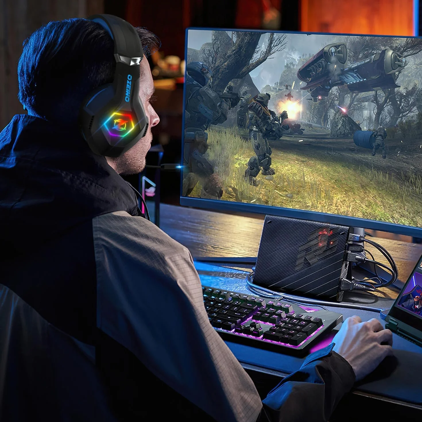Ozeino Cuffie Gaming per Ps4 Ps5 PC Xboxone, Cuffie con Microfono Cancellazione del Rumore, 3D Surround Sound, Cuffie Comfort con LED RGB