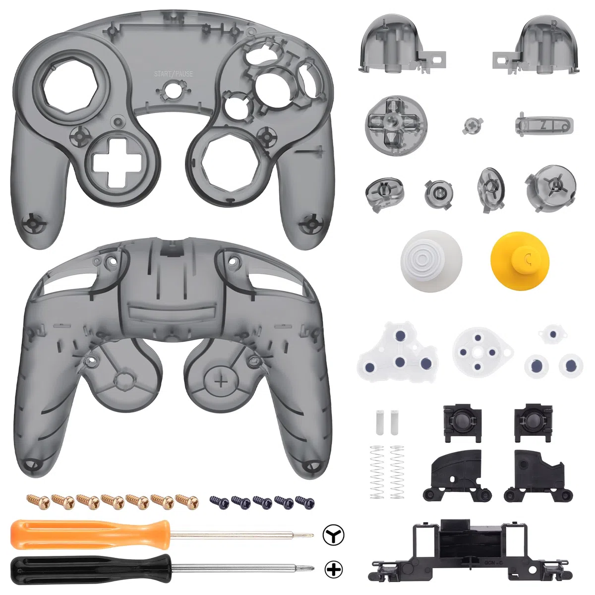 eXtremeRate Cover Scocca Tasti Ricambio per Nintendo Gamecube Controller,Custodia Grip Pulsanti Kit Shell Case per Nintendo Gamecube Joystick,Senza Controller-Trasparente Nero