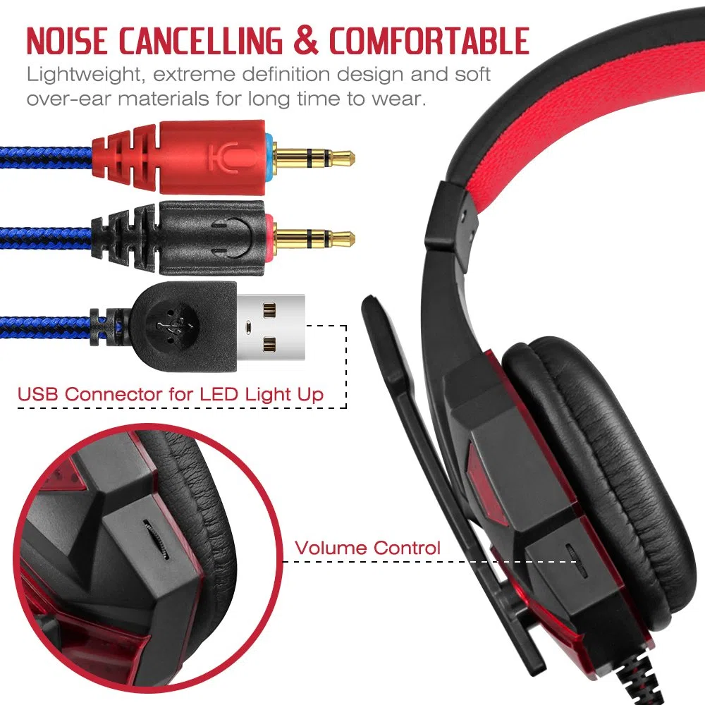 Gaming Headset con microfono e LED Light per laptop, portatile, PS4 e il nuovo Xbox One, DLAND 3.5mm Wired Noise Isolamento Gaming Headphones - Controllo del Volume (Nero e Rosso).