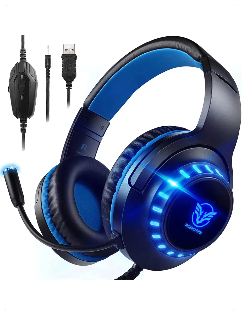 Cuffie Gaming per PS4 Cuffie PS4 Giochi con Microfono per Xbox One,PS5,PS4,Switch,PC,Mac Lampada LED Stereo Bass 3.5mm Surround Sound 7.1 Laptop Tablet Cuffie per Bambini(Nero Blu)