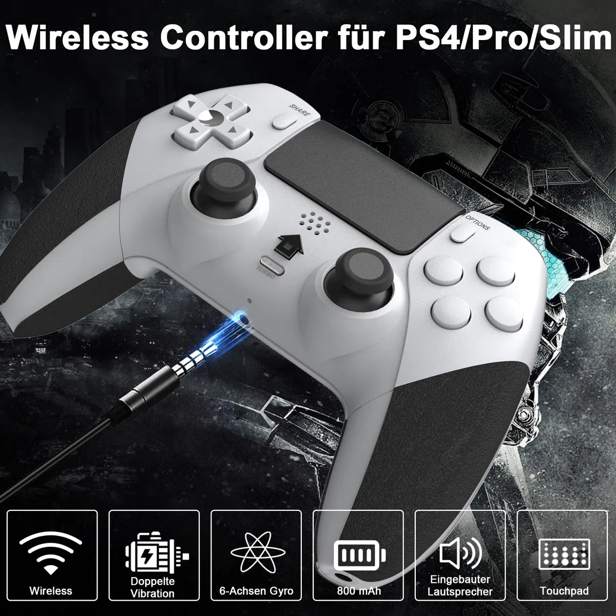 Shiptree Wireless Controller per PS-4, Gamepad Joystick Controller per Ps4/Pro/Slim/PC con Turbo & Macro M1/M2,Controllers con Touch Panel/Doppia Vibrazione/6-Axis/3.5mm Jack Audio (Bianco)