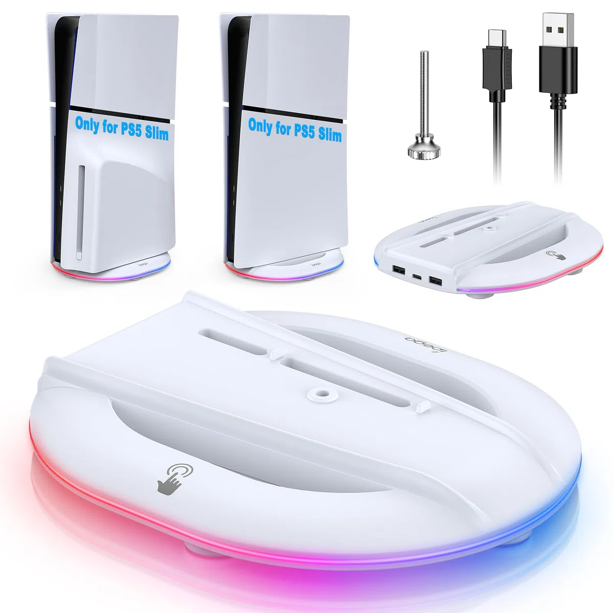 FASTSNAIL Supporto verticale 2023 con luce RGB per console PS5 Slim, stazione base a LED 14 modalità illuminazione 2 porte USB vite