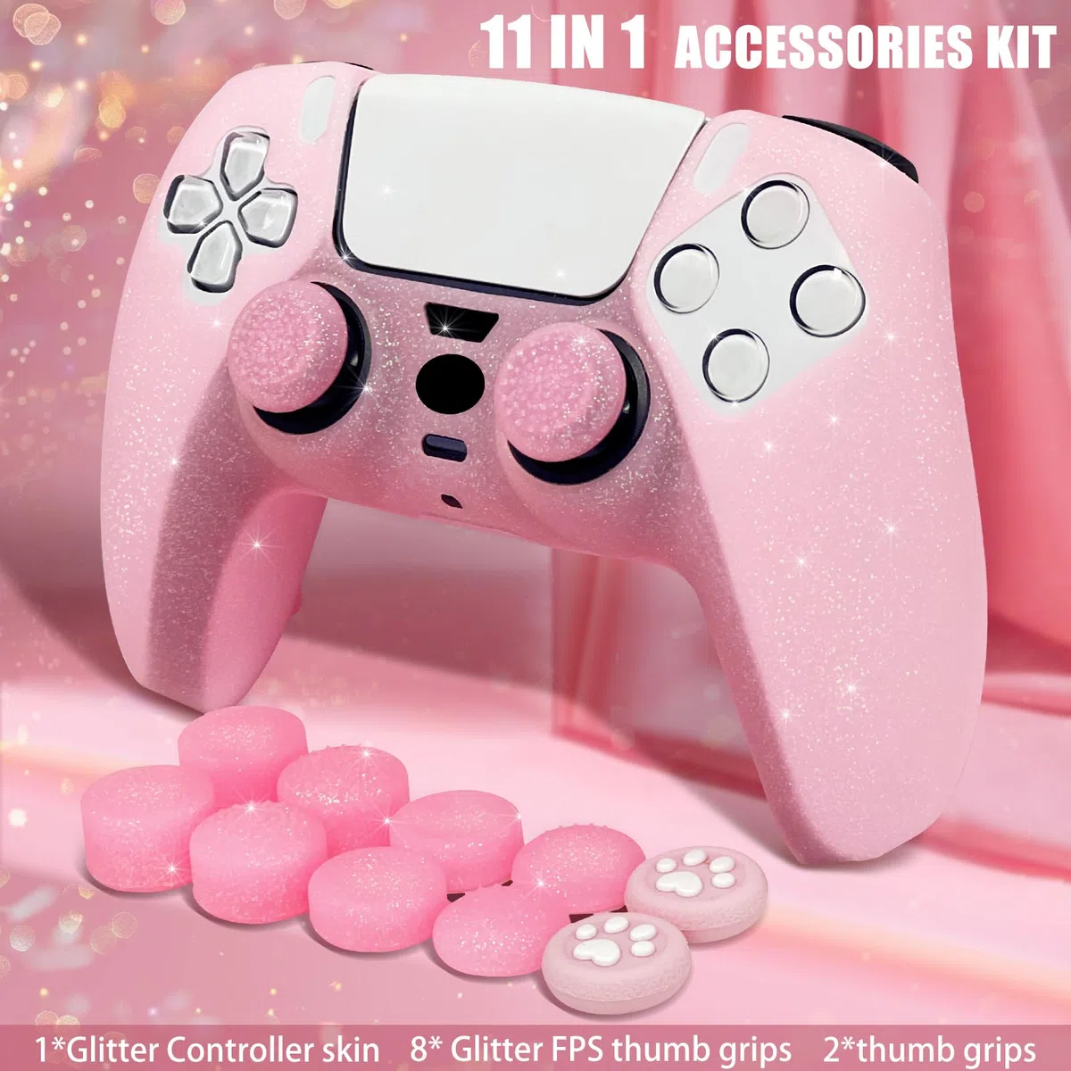Cover protettiva in silicone antiscivolo rosa glitterata compatibile con controller PS5/Slim/Pro, 8 tappi per pollice glitterati e 2 tappi per impugnature.