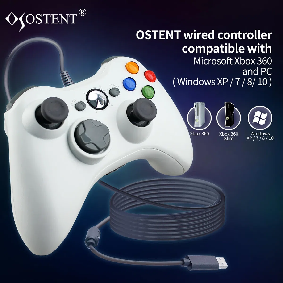 OSTENT Controller USB Cablato Gamepad Joystick per Console Microsoft Xbox 360 Computer Portatile PC Windows Videogioco Colore Bianco