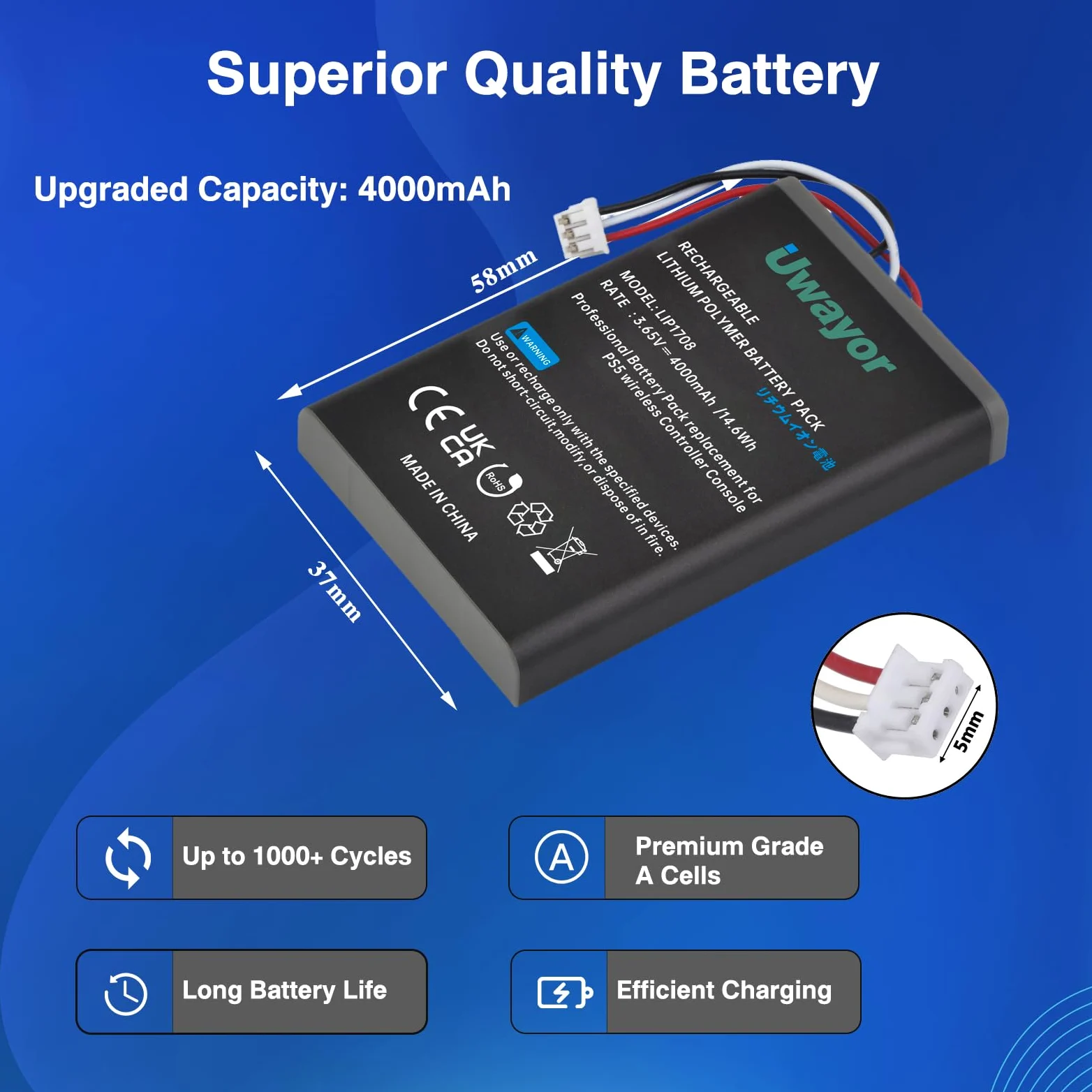 Batteria per controller PS5, 4000 mAh, LIP1708, ricambio per Sony PlayStation 5 DualSense CFI-ZCT1W Wireless Controller