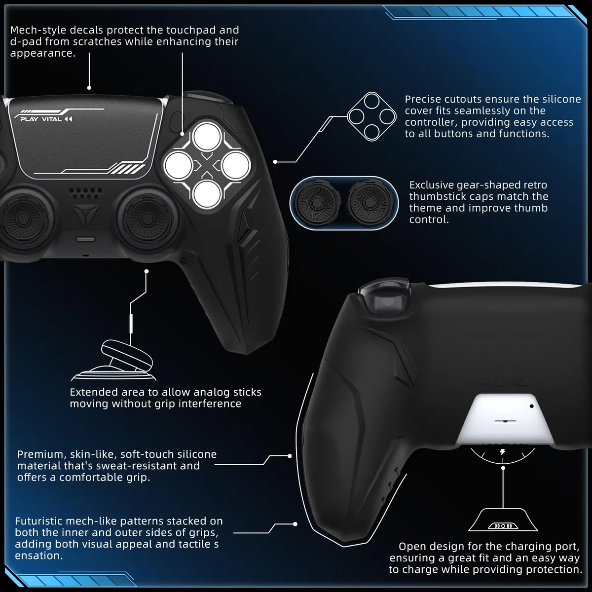 PlayVital Cover Silicone per ps5 Controller,Joystick Custodia Protettiva Antiscivolo&Copri Analogici&Adesivo Touchpad,Compatibile con Base di Ricarica,CyberMech-Nero