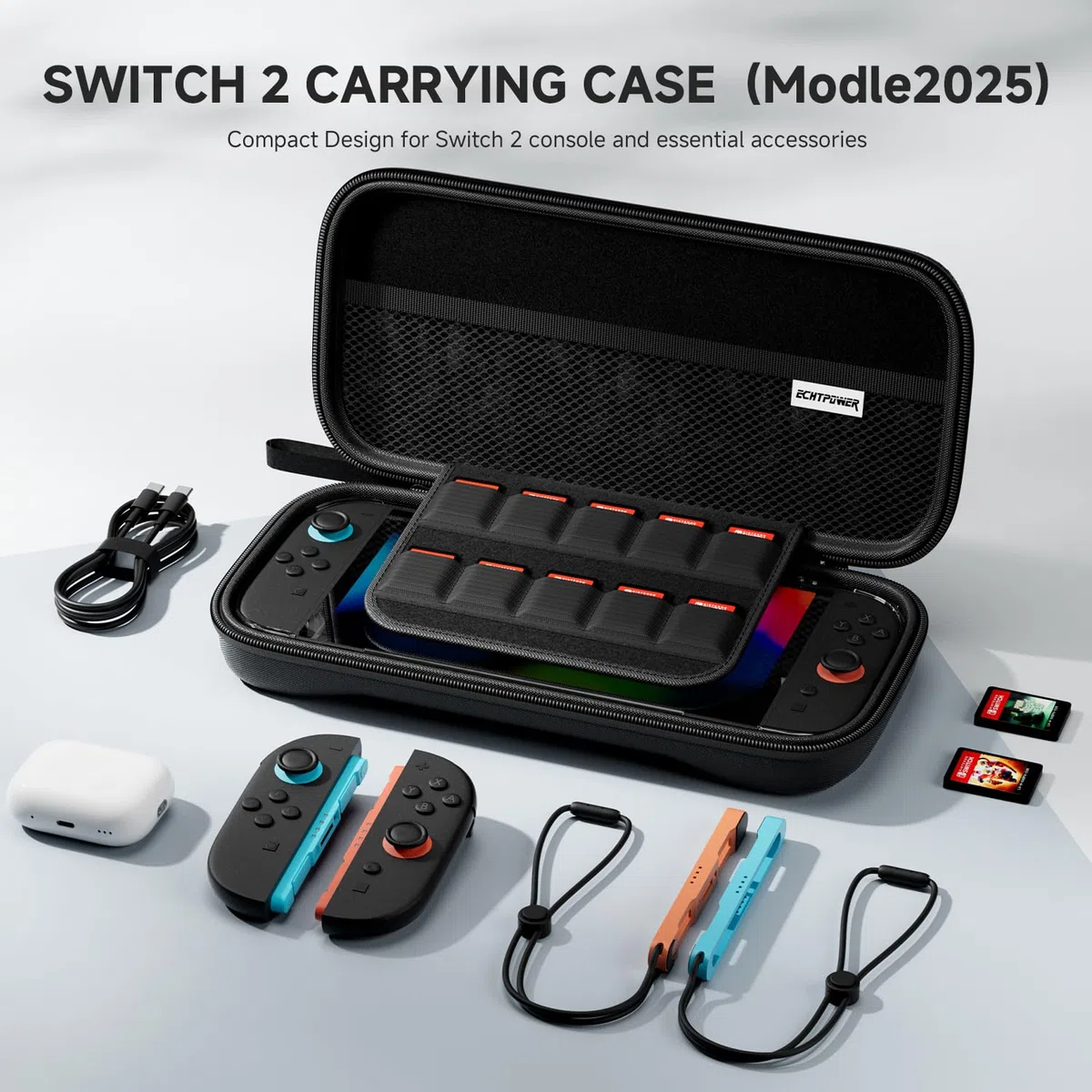 ECHTPower Custodia per Switch 2, con Cover Trasparente, Pellicole Protettive, Custodia Rigida Nylon, Interno Morbido, 4 in 1 Kit Accessori per Switch 2 Console-Protezione da Urti e Graffi
