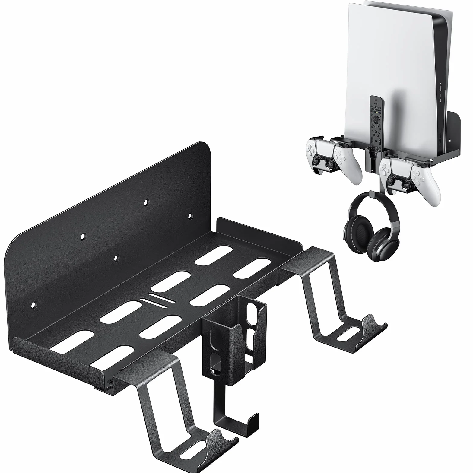 Supporto a parete, 5 in 1 per Playstation 5 (versione ottica e digitale) con supporto rimovibile per controller (Nero)