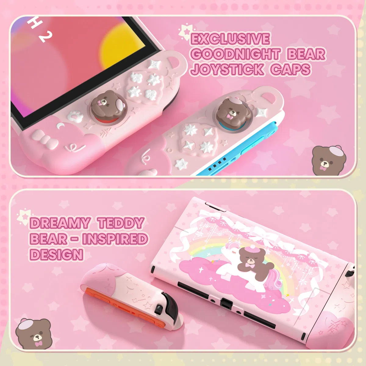 playvital Cover Dockable Rigida per Nintendo Switch 2 Console, Custodia Protettiva Silicone per Joycon 2&Supporto Regolabile Extra&Copri Analogici, Accessori Carini, Buonanotte Orso-Rosa