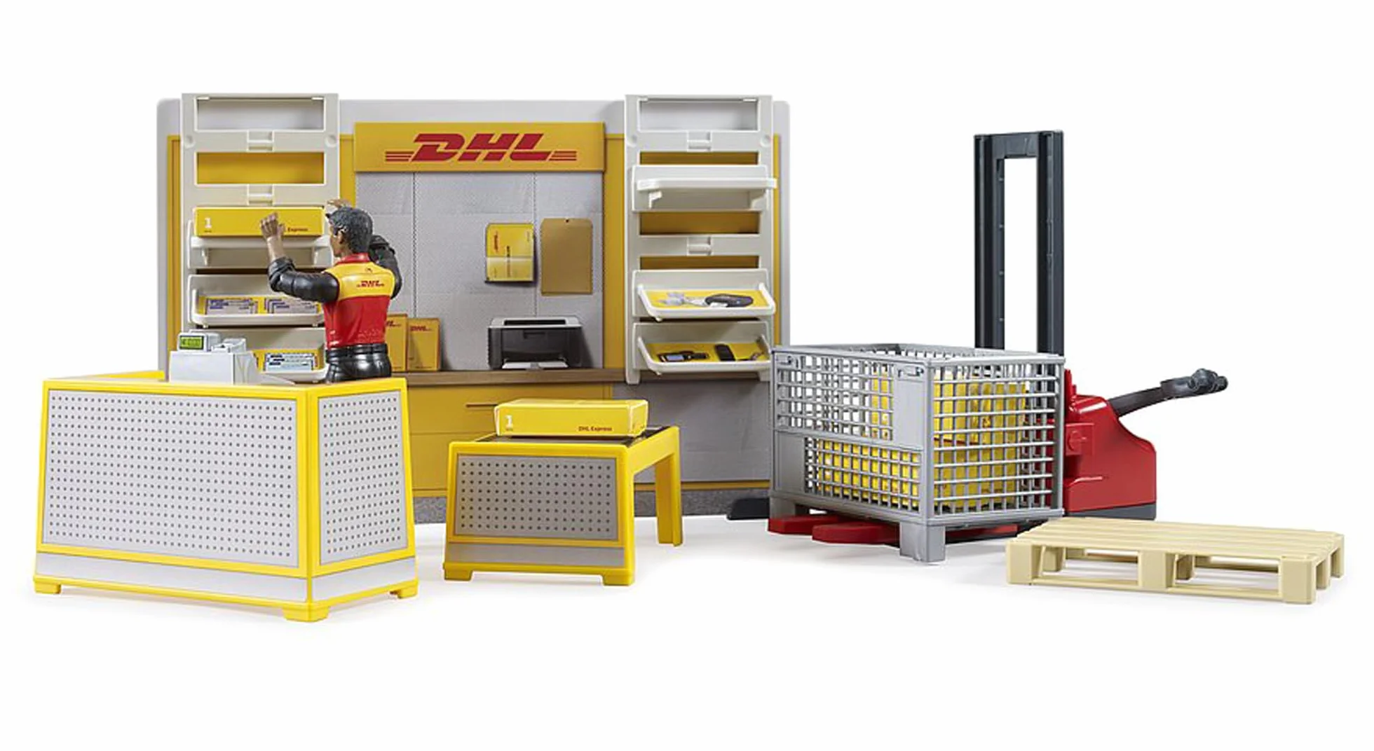 bruder 62251 - bworld Negozio di pacchi DHL con dipendenti DHL, servizio pacchi, logistica, spedizioni