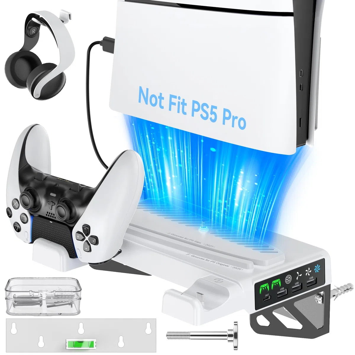 Kosker Supporto Parete PS5 con Ventola di Raffreddamento per PS5 Slim/PS5 Digital Edition e Disc Edition, Base PS5 Slim con Caricatore Controller, Supporto P 5 da Muro Staffa per PS5