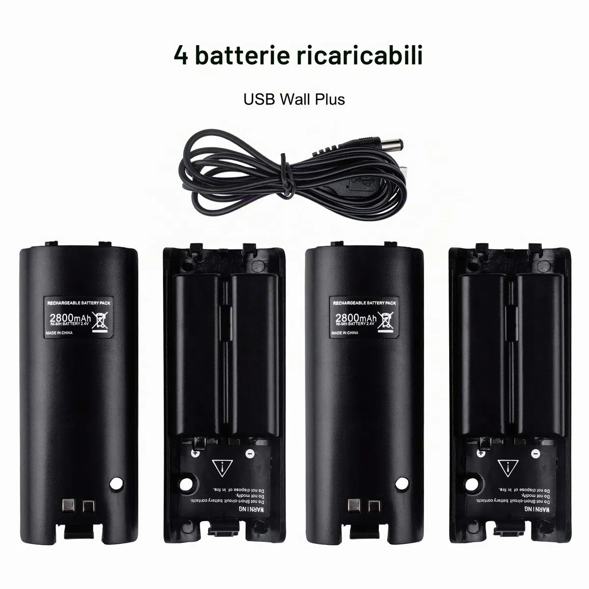 TechKen Wii Controller Charger, Stazione di Ricarica per 2 Telecomandi Wii e 2 Akkus Wii Wiimote Stazione di Ricarica con 4 Batterie da 2800MAH (Black)