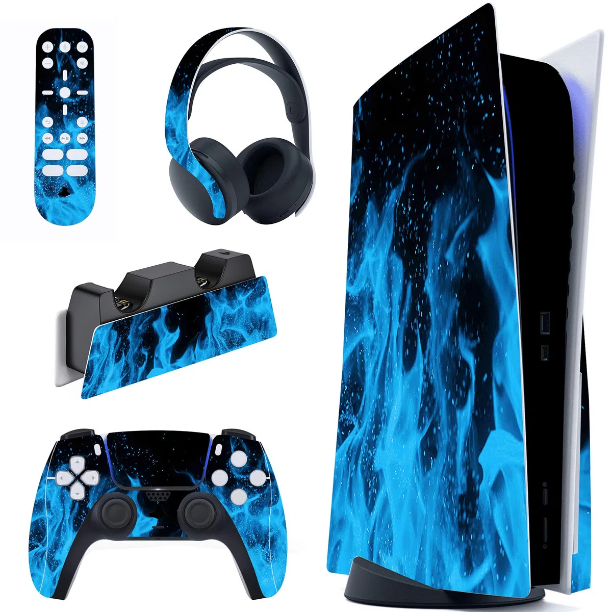 PlayVital Adesivo Skin Sticker Decal Vinile per ps5 Standard Disc Edition Console & Controller & Telecomando & Cuffie & Base di Ricarica - Fiamma Blu