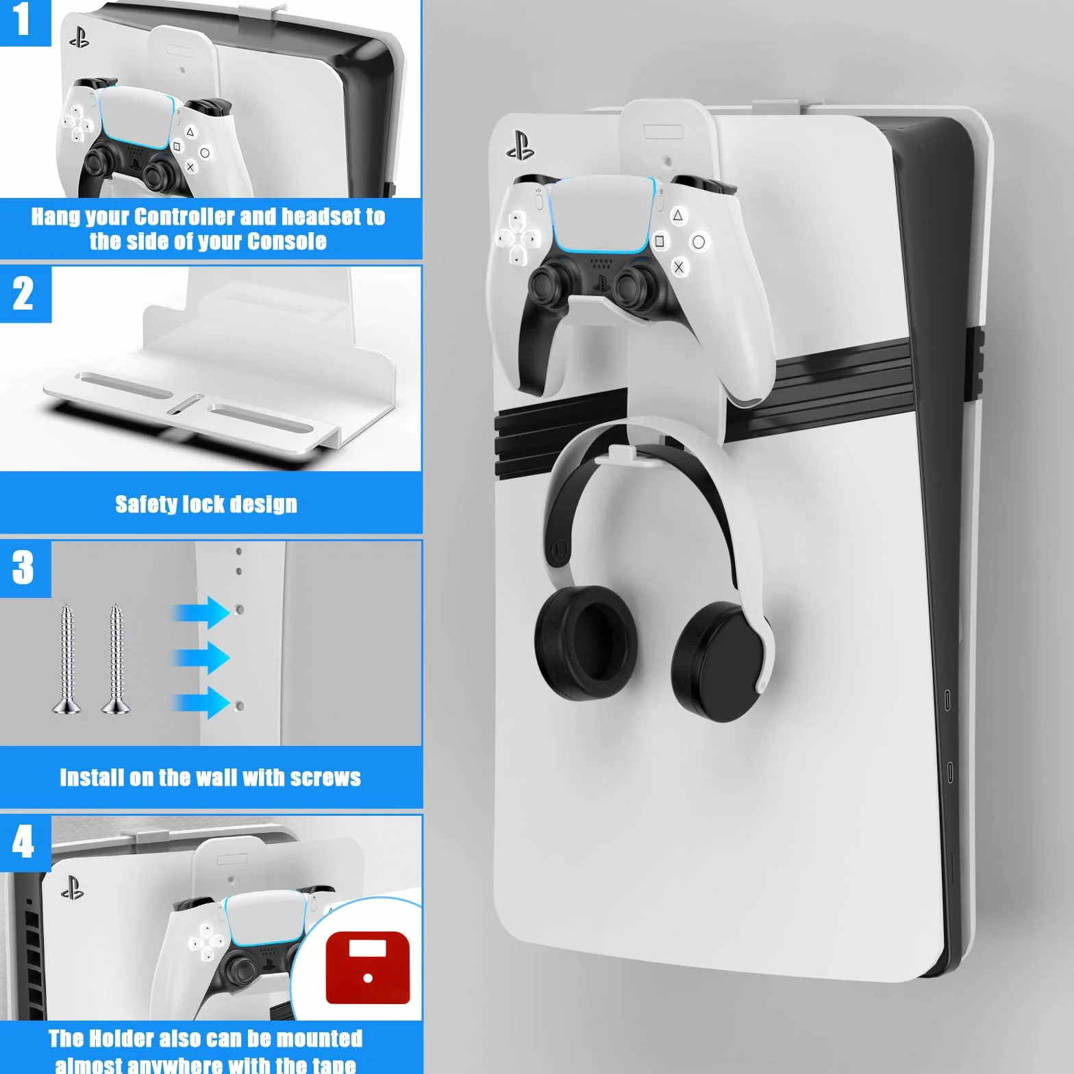 Supporto da parete per PS5 Slim, staffa da parete per PlayStation 5 Slim Staffa per montaggio a parete per PlayStation 5 Slim in acciaio robusto con Supporto per cuffie del controller (Bianco)