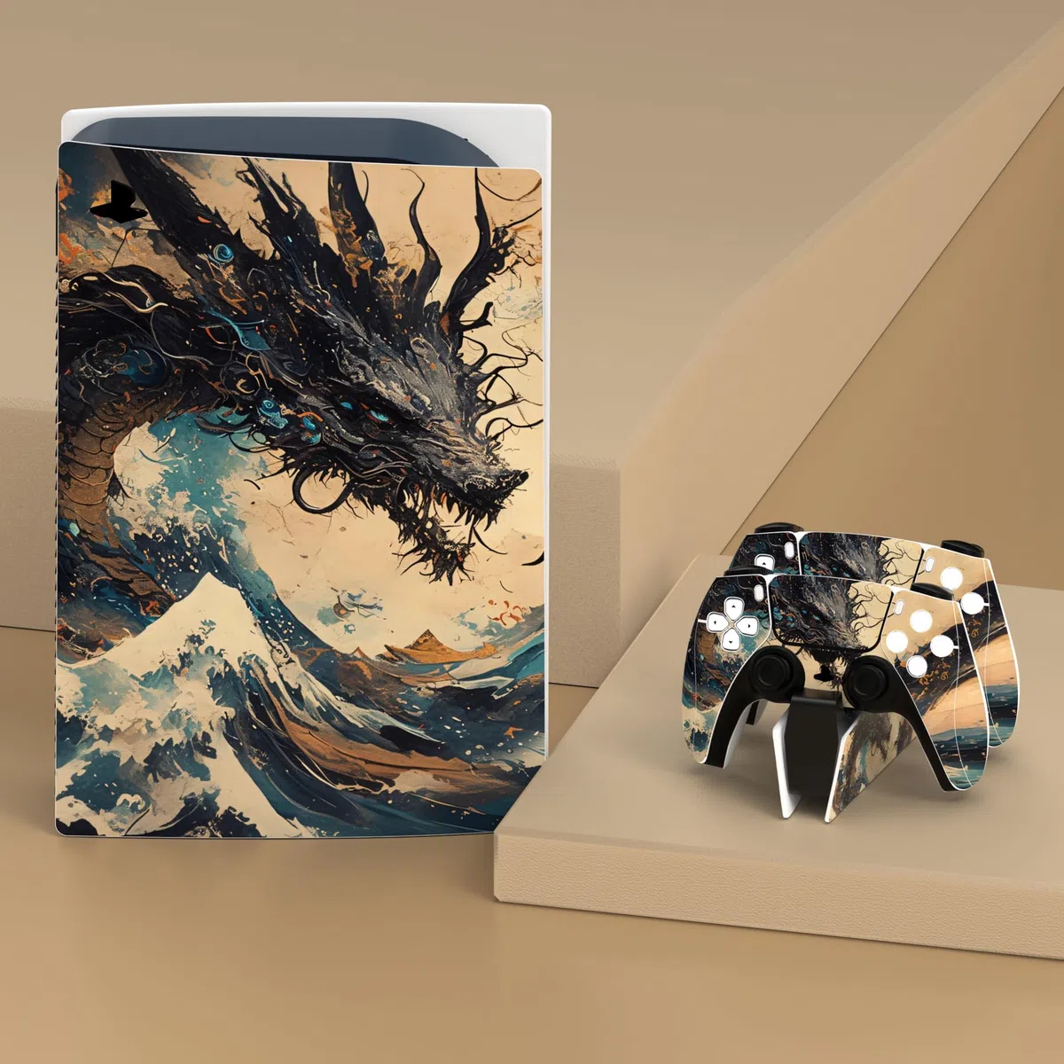 PlayVital Adesivo Skin per ps5 Console Disco Edizione&Controller&Telecomando&Cuffie&Base di Ricarica,Sticker Decal Cover Vinile per Standard Edition-Drago Tempesta