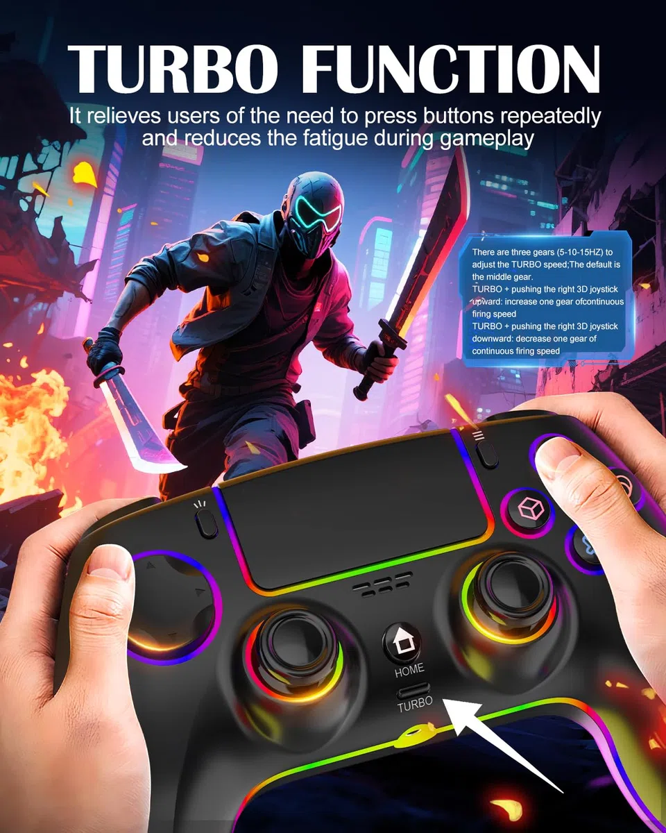 MYSTILUCK Controller Wireless per PS4/PS3/Pro/PC/MAC/iOS/Android/Steam Deck, Controllore con illuminazione RGB 7 Colori/Joystick Effect Hall/Doppia Vibrazione/Turbo/Jack Cuffie/Batteria 1500 mAh