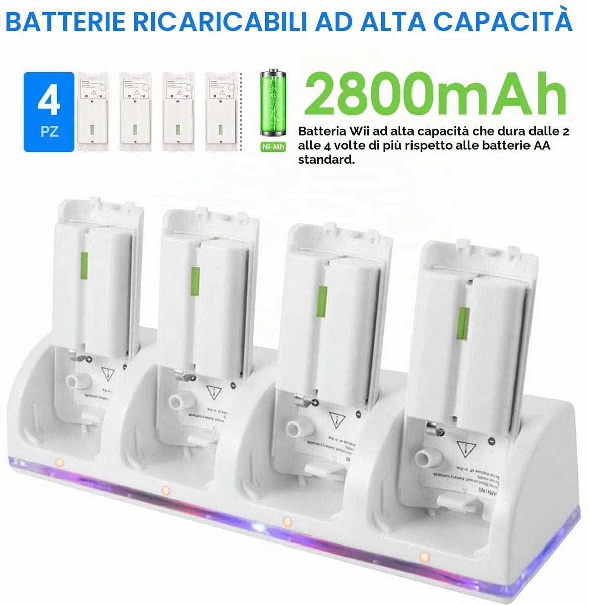 Stazione di Ricarica per Controller WII 4 in 1, Stazione Di Ricarica con 4 Batterie Ricaricabili Da 2800 Mah e Indicatori LED per Il Controller Wii（Bianco）