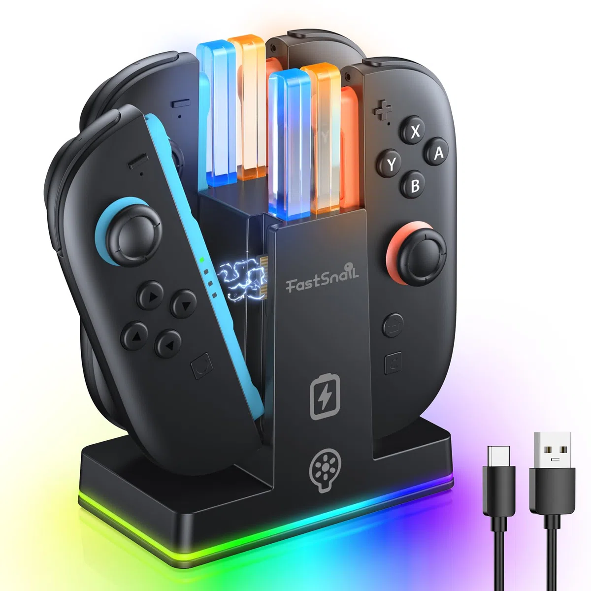 FASTSNAIL RGB Caricatore per Switch 2, Dock di ricarica compatibile con Switch 2 per Joycon 2, Controller accessorio per Switch 2, 9 modalità di luce RGB(NON per Switch 2017/OLED)