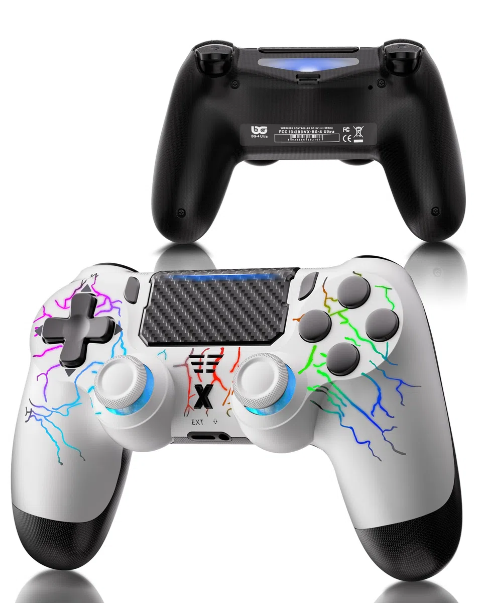 RUIZHI Controller LED Design a Forma di Fulmine, Controller Wireless per Playstation 4 compatibile con PS4/Pro/Slim/PC, con Batteria da 1000 nAh, Cavo USB-C, 1 Pezzo, Bianco
